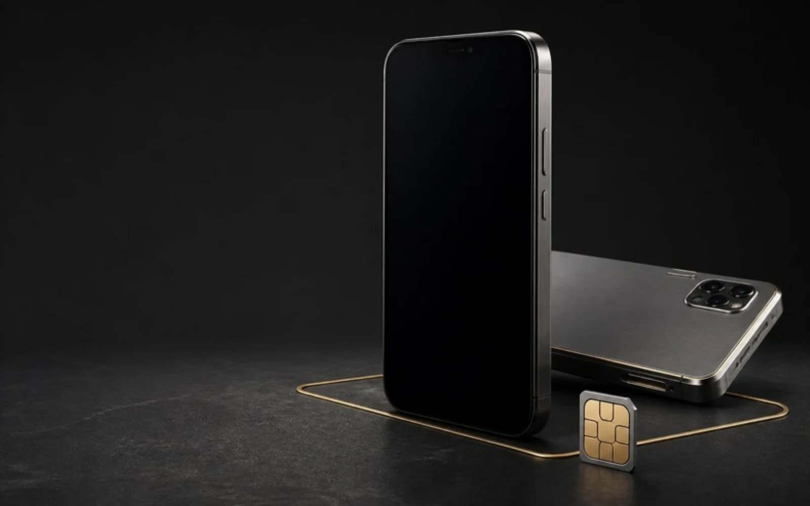 Titanium smartphones and a SIM chip connected by a restrained gold signal line
